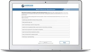 Laptop mockup of the Harrison Assessments SmartQuestionnaire work preferences interface