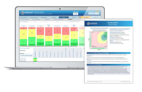 The Harrison Assessments enterprise system shown on a laptop alongside a printed Paradox Report